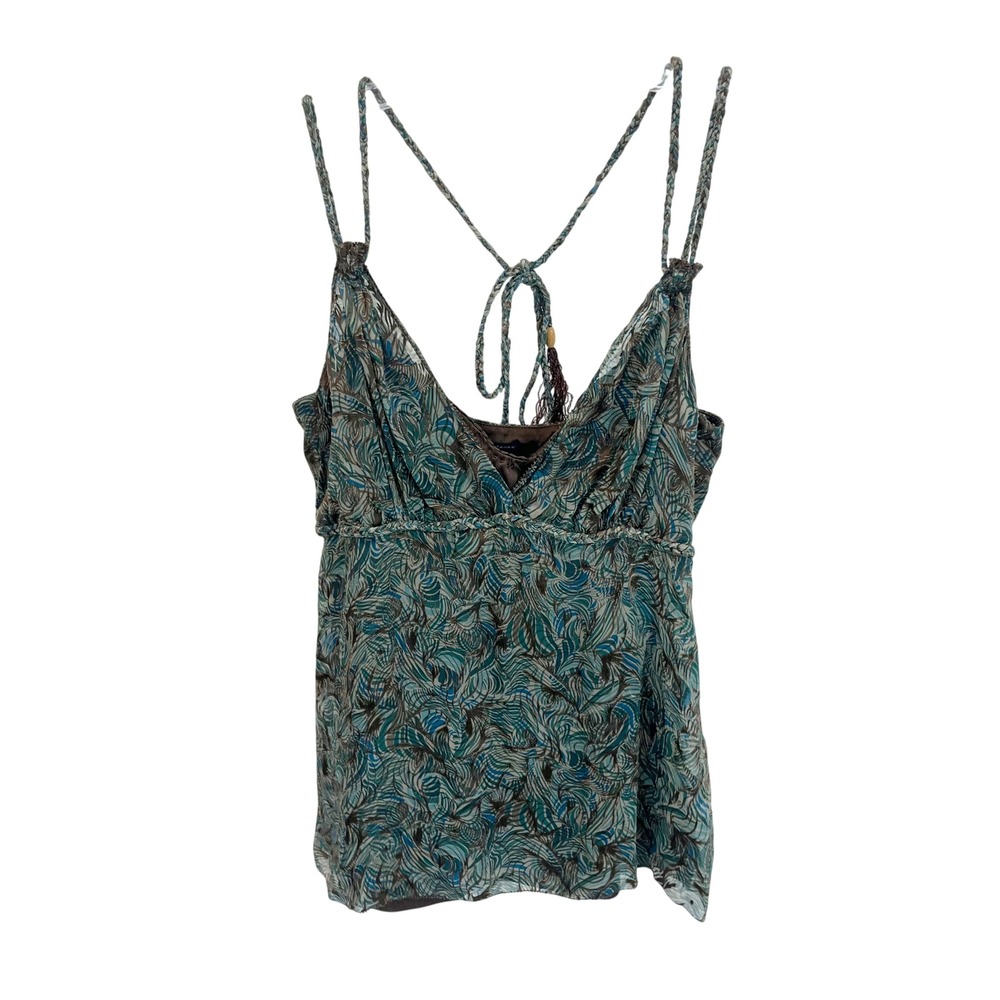 Elie Tahari Boho Cami Top Teal Brown Abstract Print Tassel Y2K Fairy XS